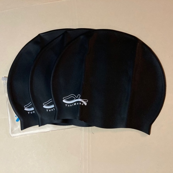Three Pack Black YuniMuse Silicone Swim Caps - Picture 1 of 3